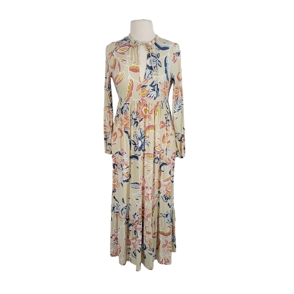 Rachel Pally Tropical Floral Print Beige Jersey Knit Maxi Dress